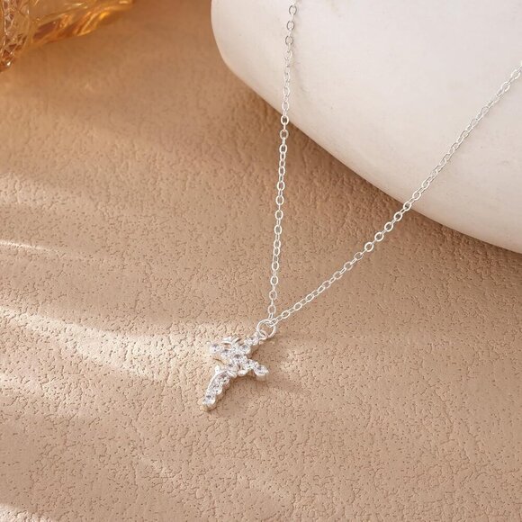 Women C Flower Cross, Silver 14K Gold Plated Crown Cross Necklace - Non-Tarnish - Picture 6 of 7